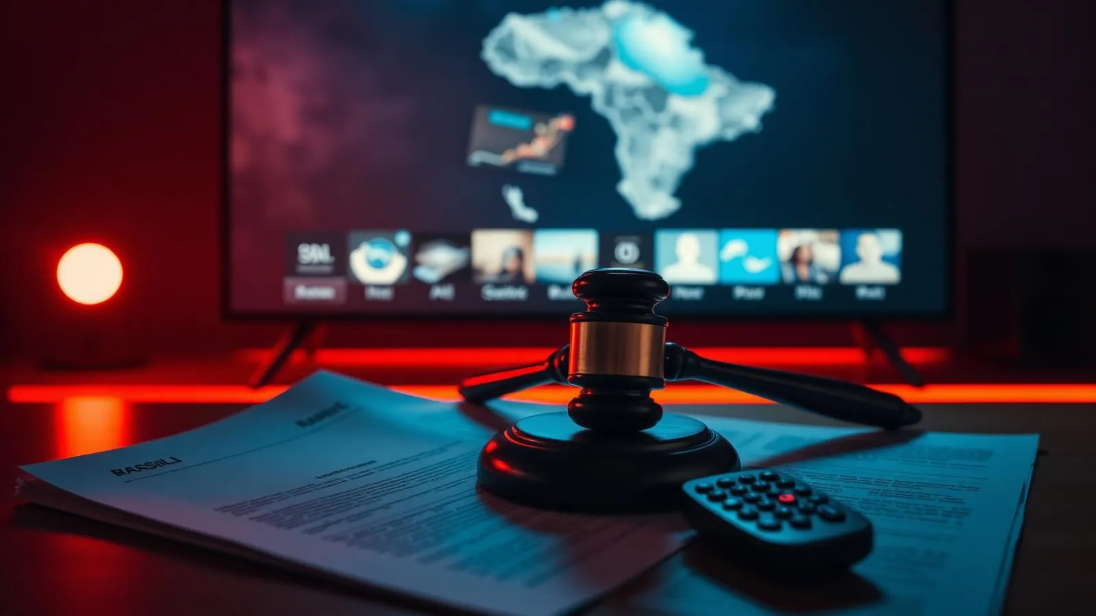 Martelo de juiz sobre documentos legais em frente a uma TV — legalidade do IPTV no Brasil