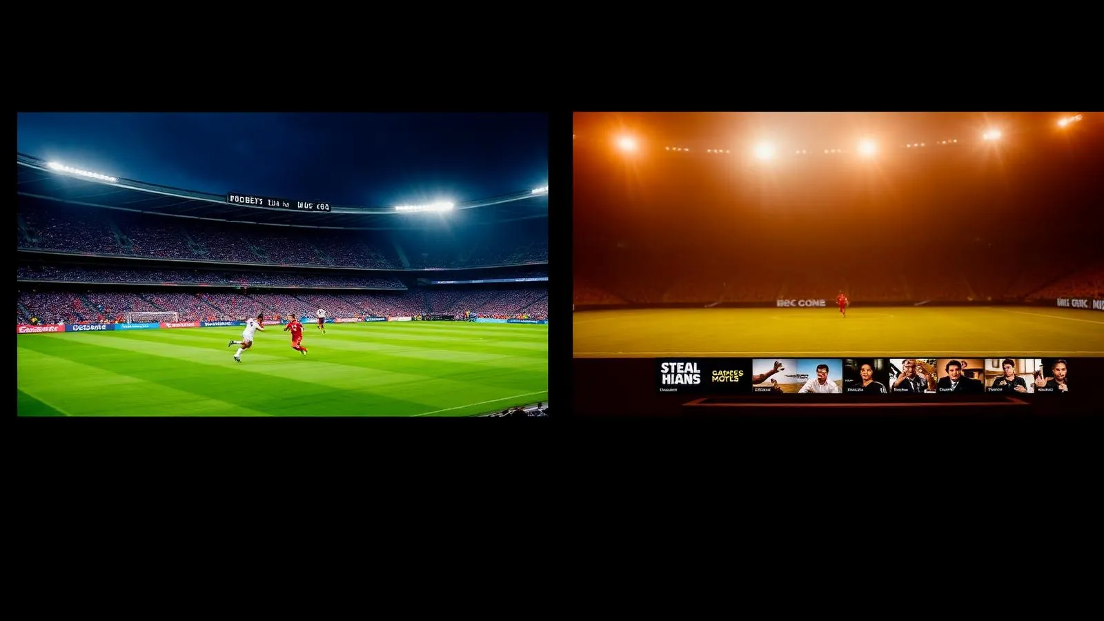 Comparativo visual entre transmissão esportiva ao vivo e interface de streaming